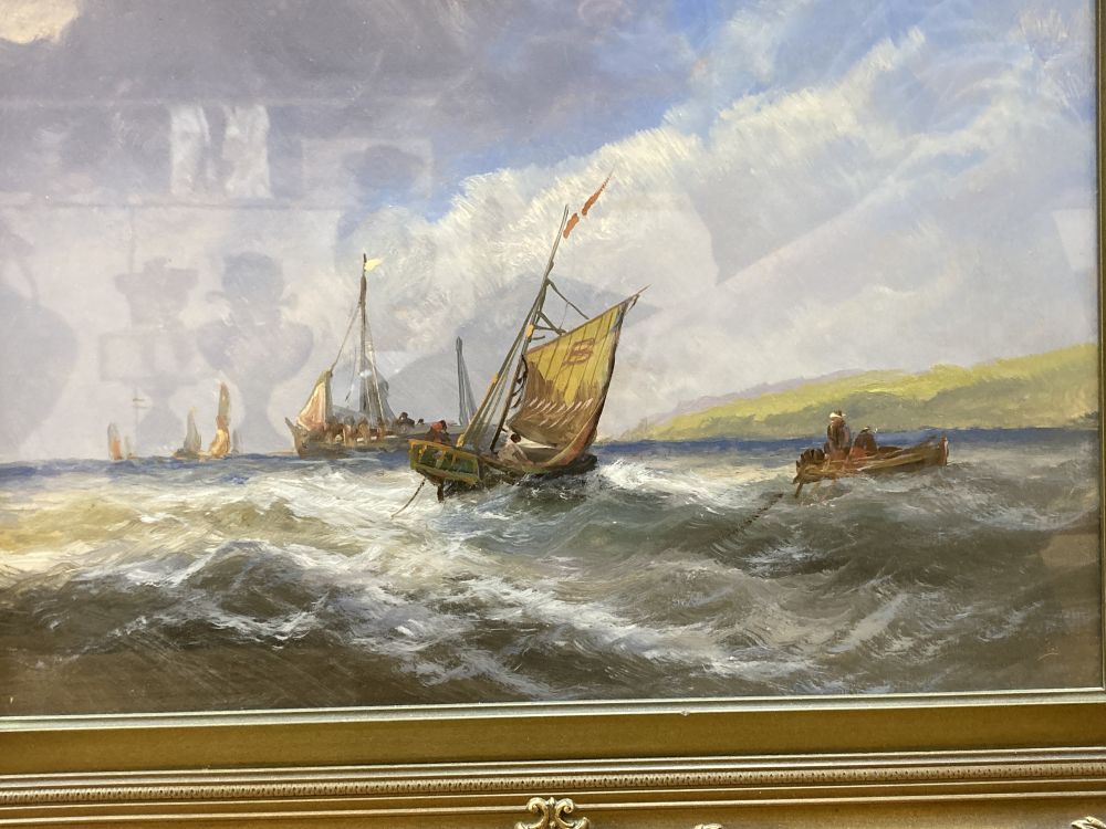 English School (19th century), fishing boats in choppy seas off the coast and companion piece, 32 x 47cm & 29.5 x 49.5cm